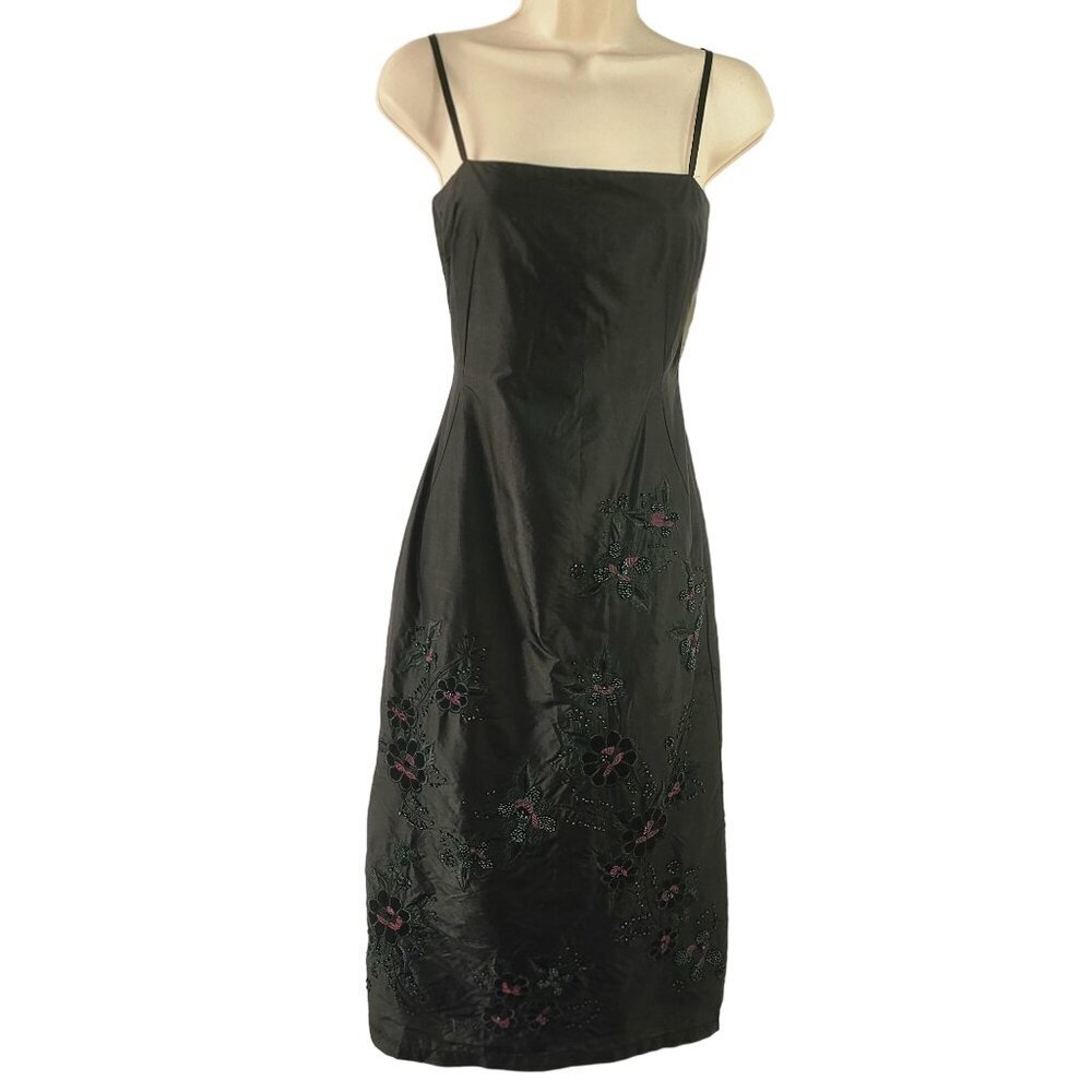 Vintage French Connection Black Silk Beaded Sheath Dress NOS Size 4
